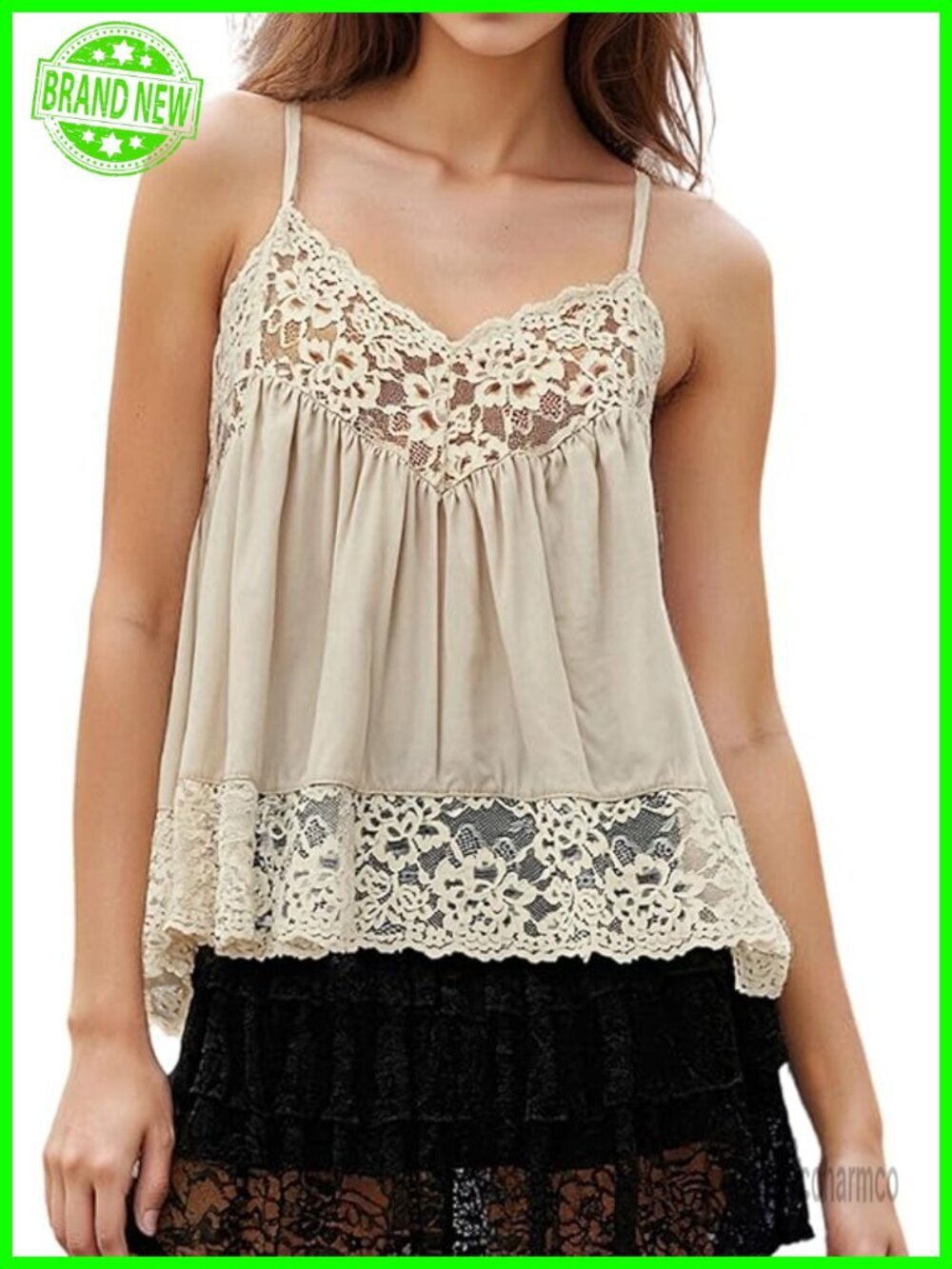 Lace Spaghetti Strap Cami V Neck Babydoll Y2K Boho Flowy Tank Top